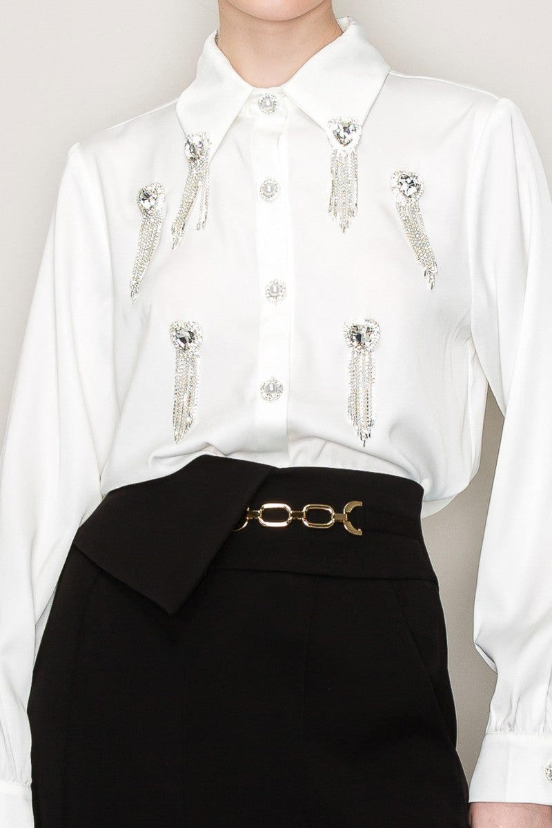 White Blouse with Heart Rhinestones