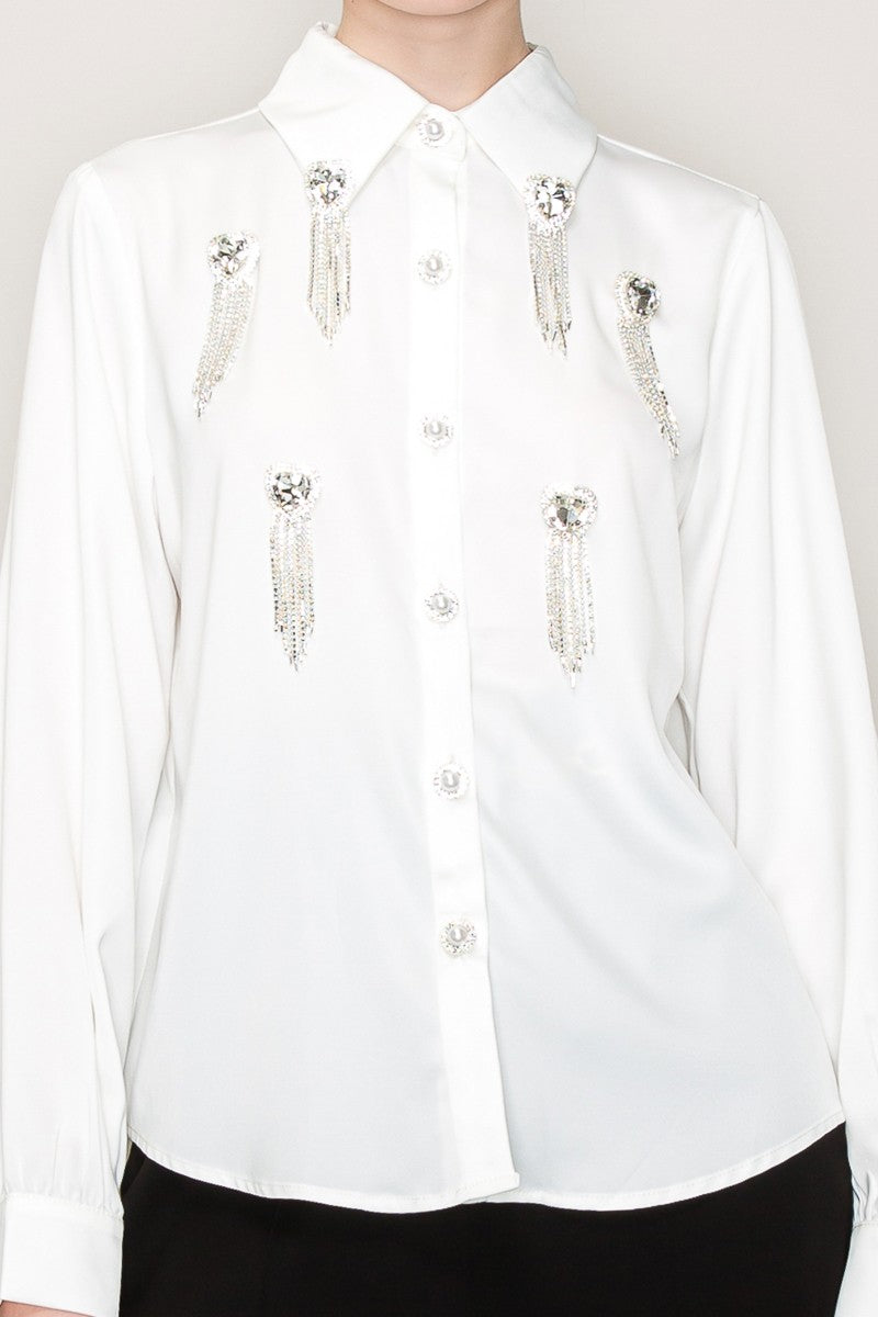 White Blouse with Heart Rhinestones